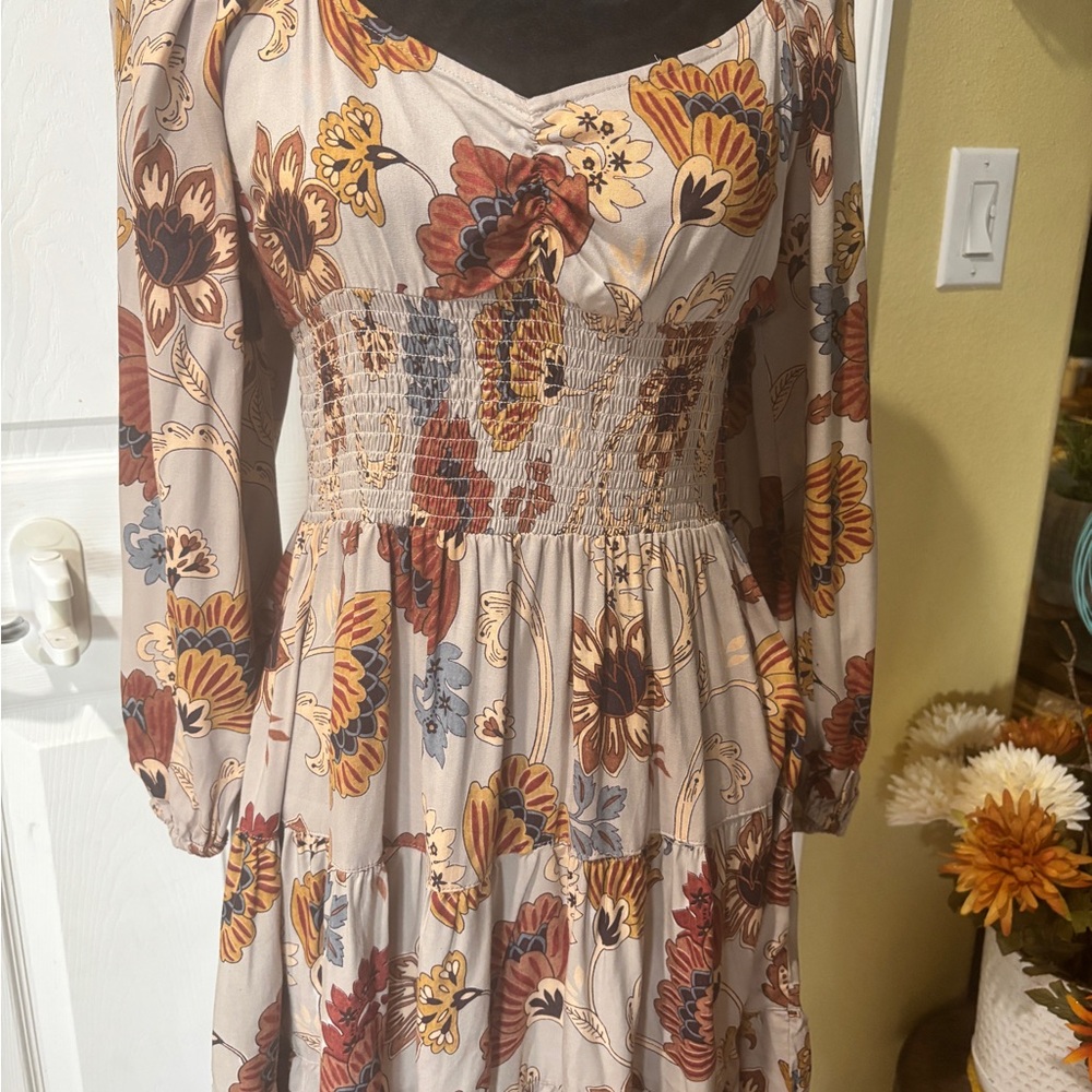 Angie Long Sleeve Floral Maxi Dress - Beige, Rust, Mustard, Blue